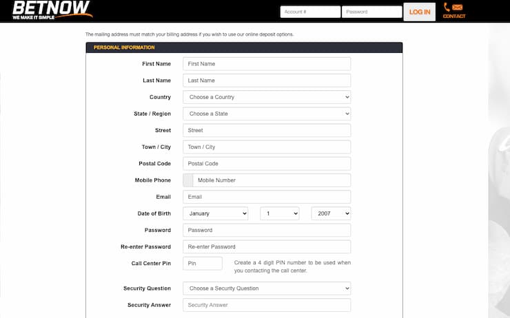 Sign-up screen view on BetNow, a top contender among UFC betting apps.